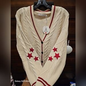 Embroidered Cream Cardigan Sweater with Red Accents Stars